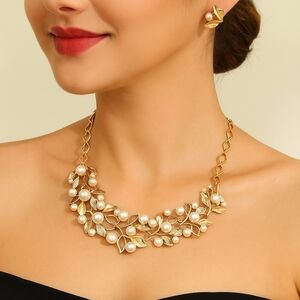 Gold Pearl Leaf Necklace Set | Statement Jewelry | Elegant Vine Design | Classic